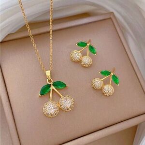 Gold & Green Cherry Pendant Necklace and Earrings Set